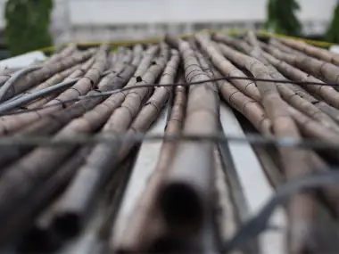 Cut bamboo stalks laid in piles, seen from above.