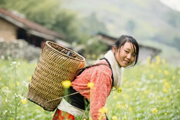 A woven carrying basket worn on the back, seen close, its rim and weave in full detail.